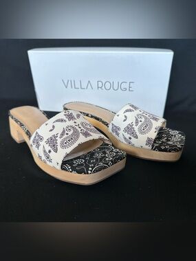 Villa Rouge black white Paisley bandana Slide Mules square toe